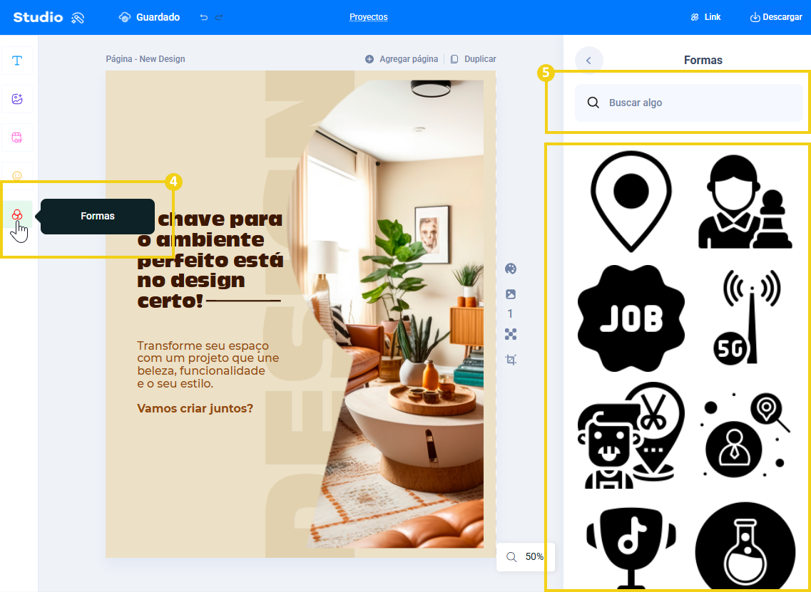 Imagen: muestra que al hacer clic en el ícono de tres círculos se abre el panel de formas, con varias opciones y barra de búsqueda