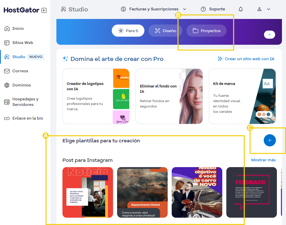 pantalla de programa de creación de logotipos con inteligencia artificial en el sitio de HostGator, mostrando opciones de diseño, proyectos y modelos para redes sociales 
