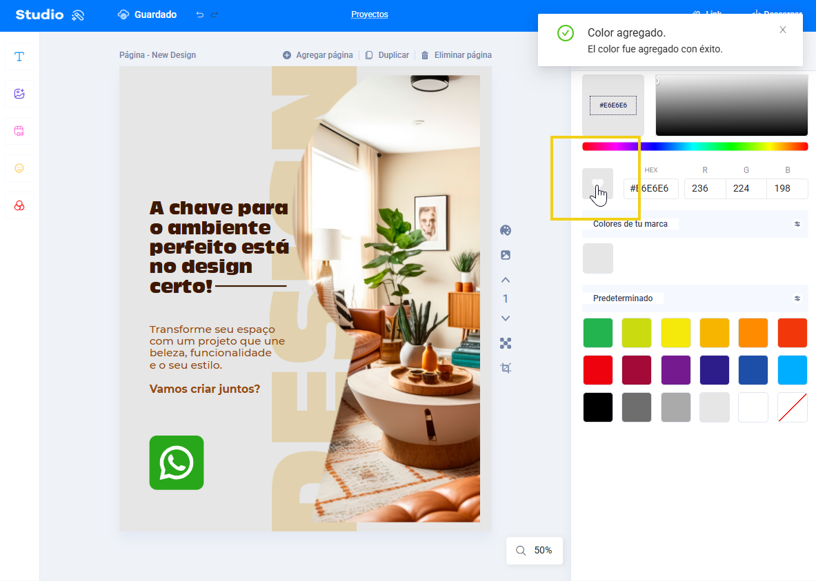 imagen mostrando el editor del estudio destacando dentro de los ajustes de página en color de fondo el corazón para favoritar el color