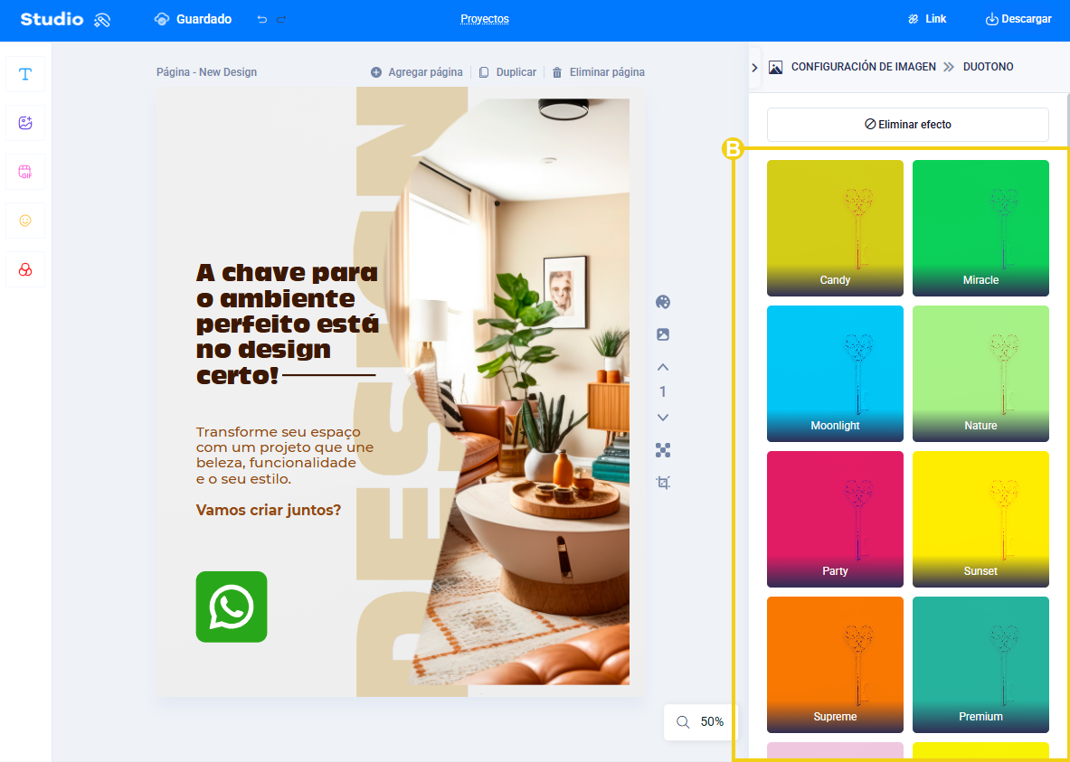 imagen del editor del estudio mostrando cómo seleccionar un efecto de duotono para la imagen de fondo