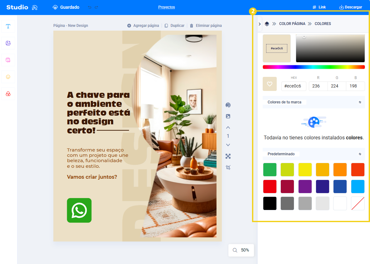 imagen mostrando el editor del estudio destacando las opciones de colores para el fondo de la página.
