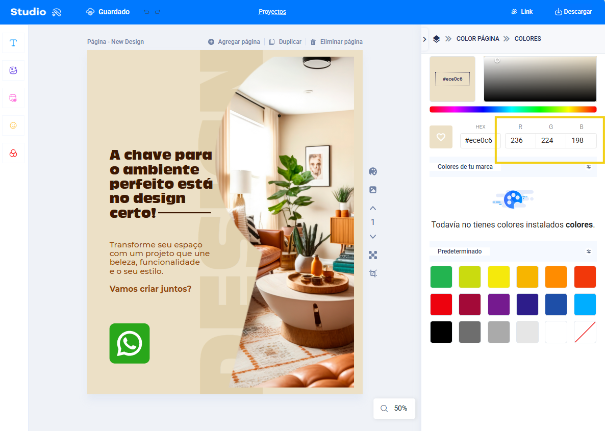 imagen del editor del estudio mostrando los ajustes de página de la plantilla elegida, mostrando cómo agregar el color de fondo por RGB