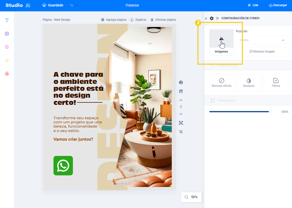 imagen del editor del estudio, mostrando las configuraciones del fondo de la página, destacando el botón para agregar una imagen de fondo