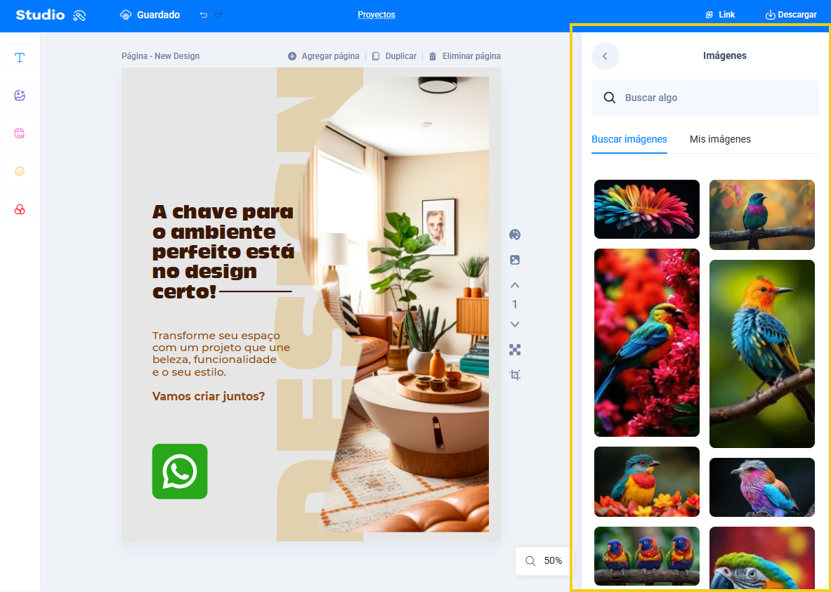 imagen del editor del texto mostrando las imágenes predefinidas para agregar al fondo