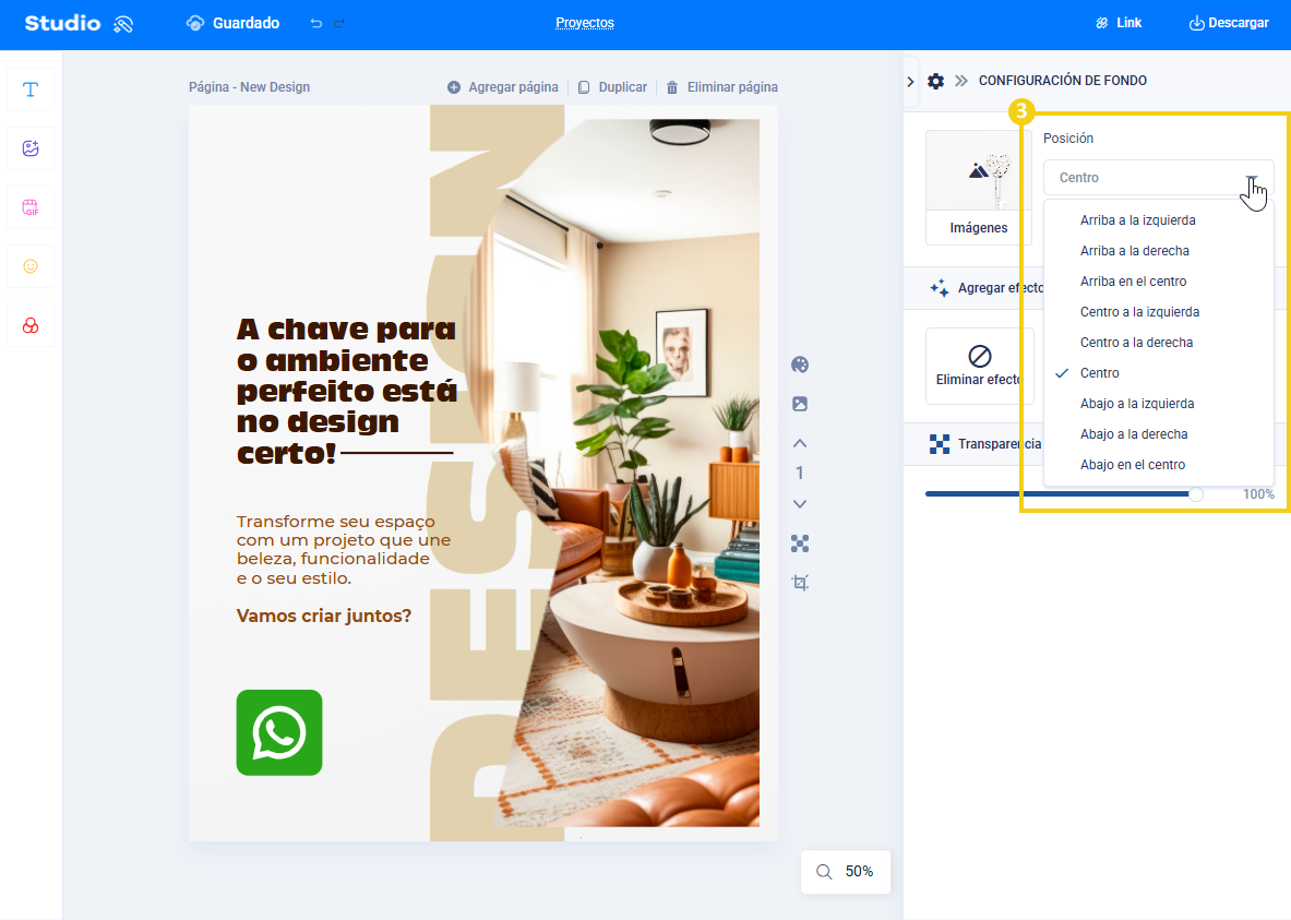 imagen del editor del estudio mostrando cómo configurar la posición de la imagen de fondo en la plantilla