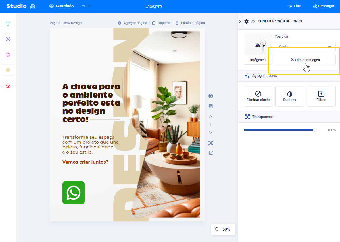 imagen del editor del estudio mostrando en la plantilla en configuraciones de fondo de la página con eliminar la imagen del fondo