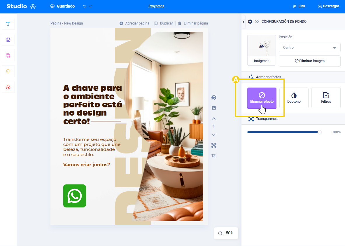 imagen mostrando el editor del estudio destacando el eliminar efectos de la imagen del fondo de la plantilla