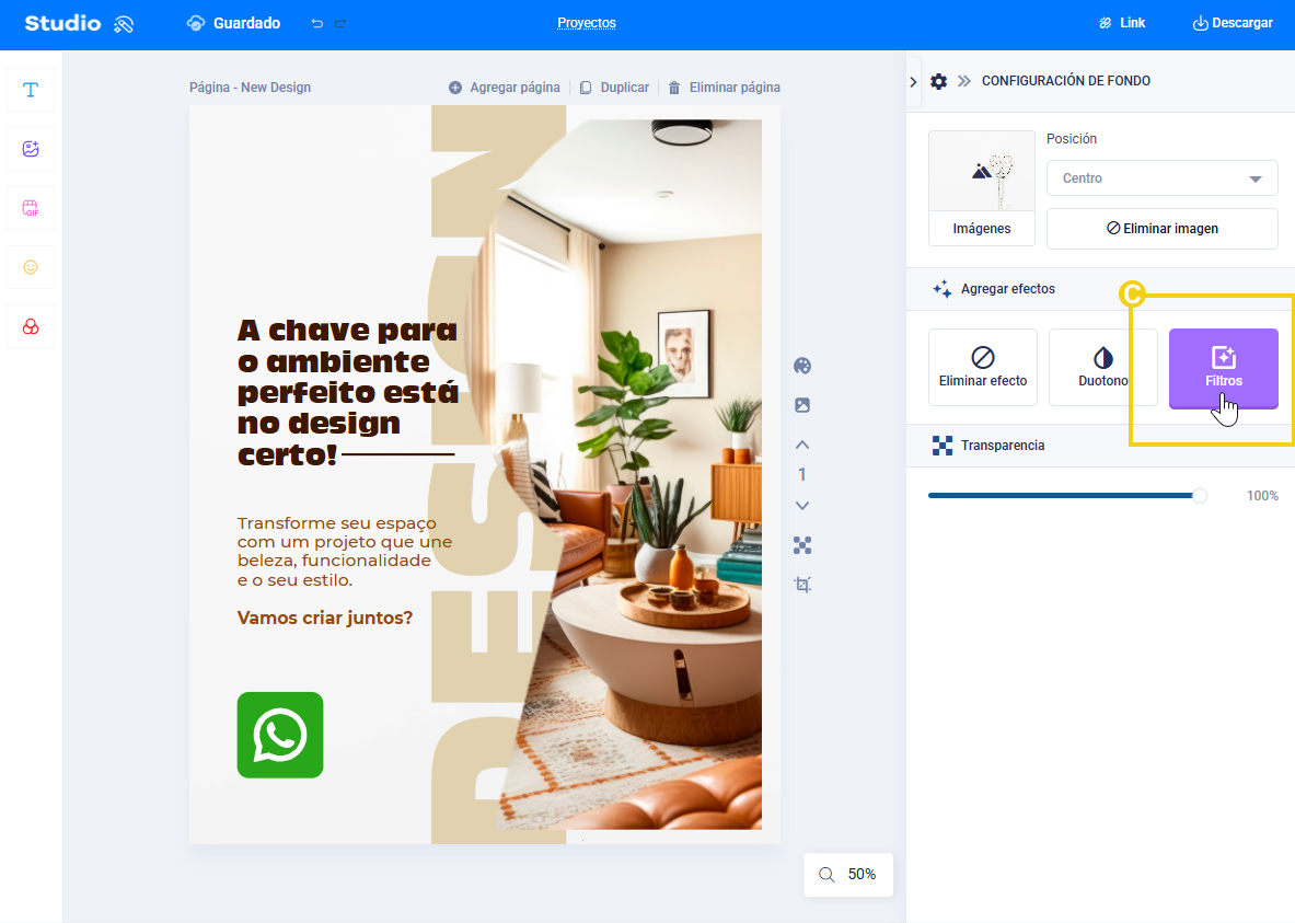 imagen del editor del estudio mostrando cómo agregar filtros a la imagen del fondo de la plantilla. 