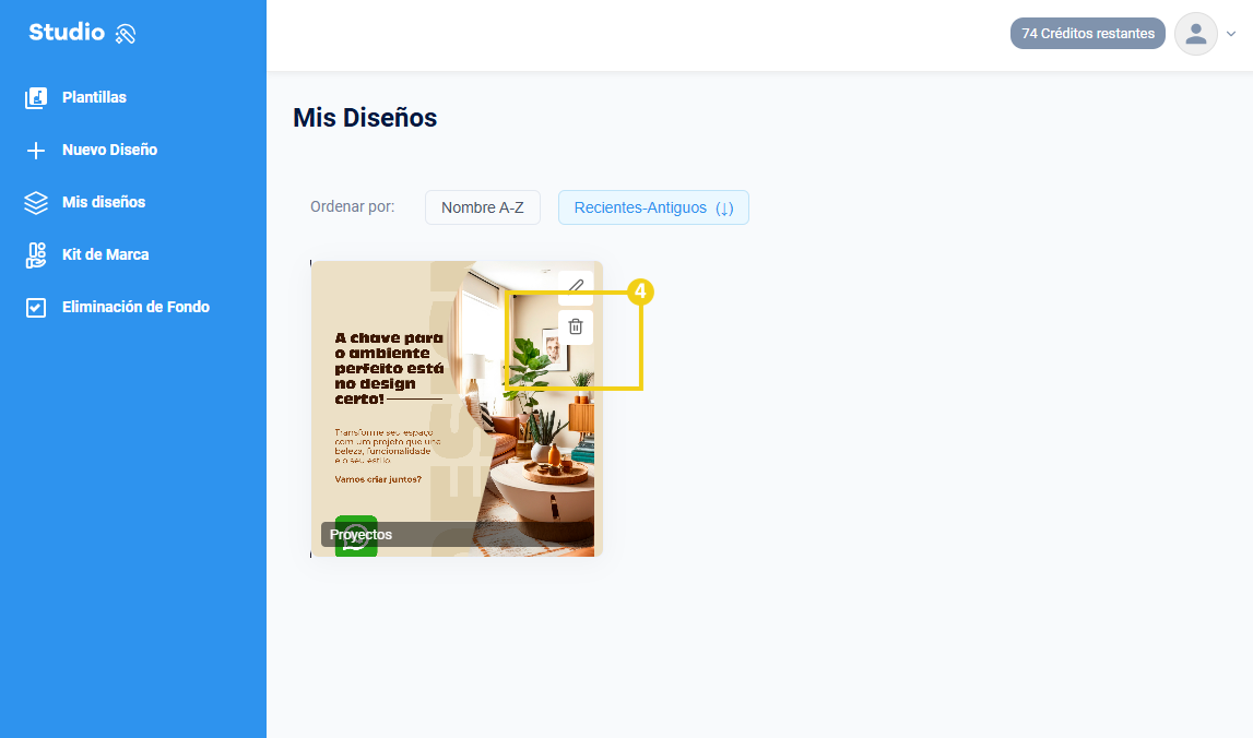 Panel del Studio mostrando el ícono de papelera junto al template