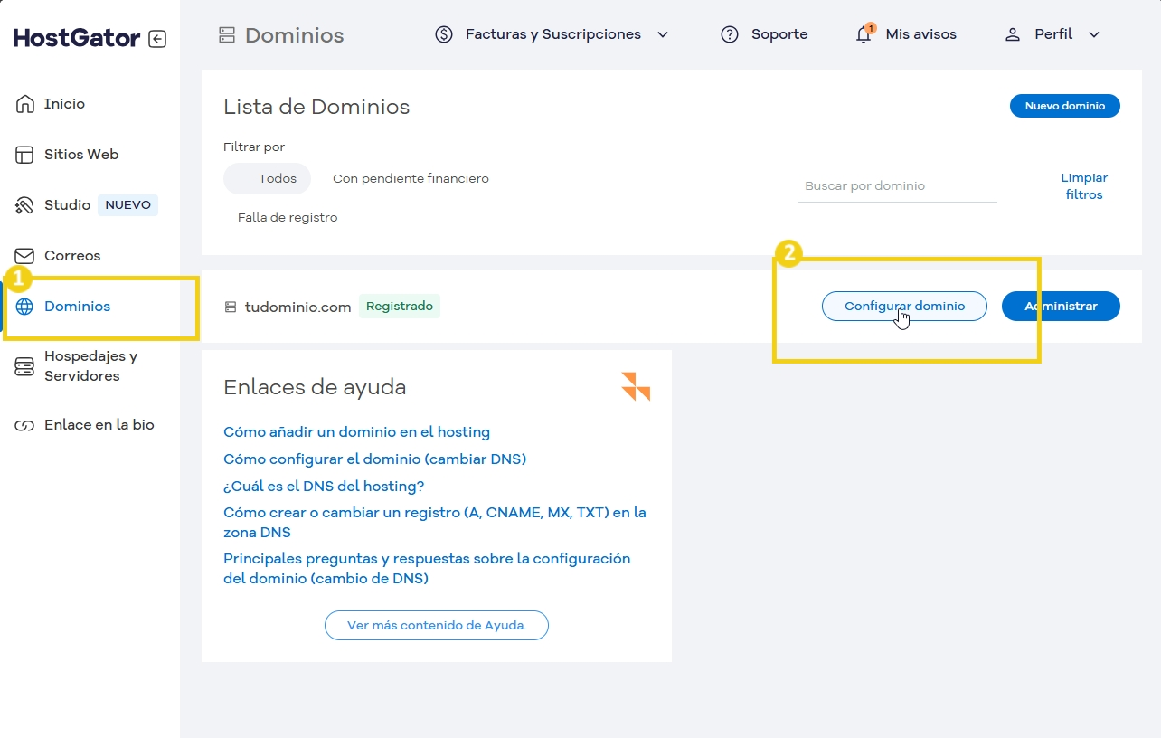 Imagem mostrando o painel de administração do HostGator com opções de domínios, incluindo a configuração e gerenciamento de domínios.