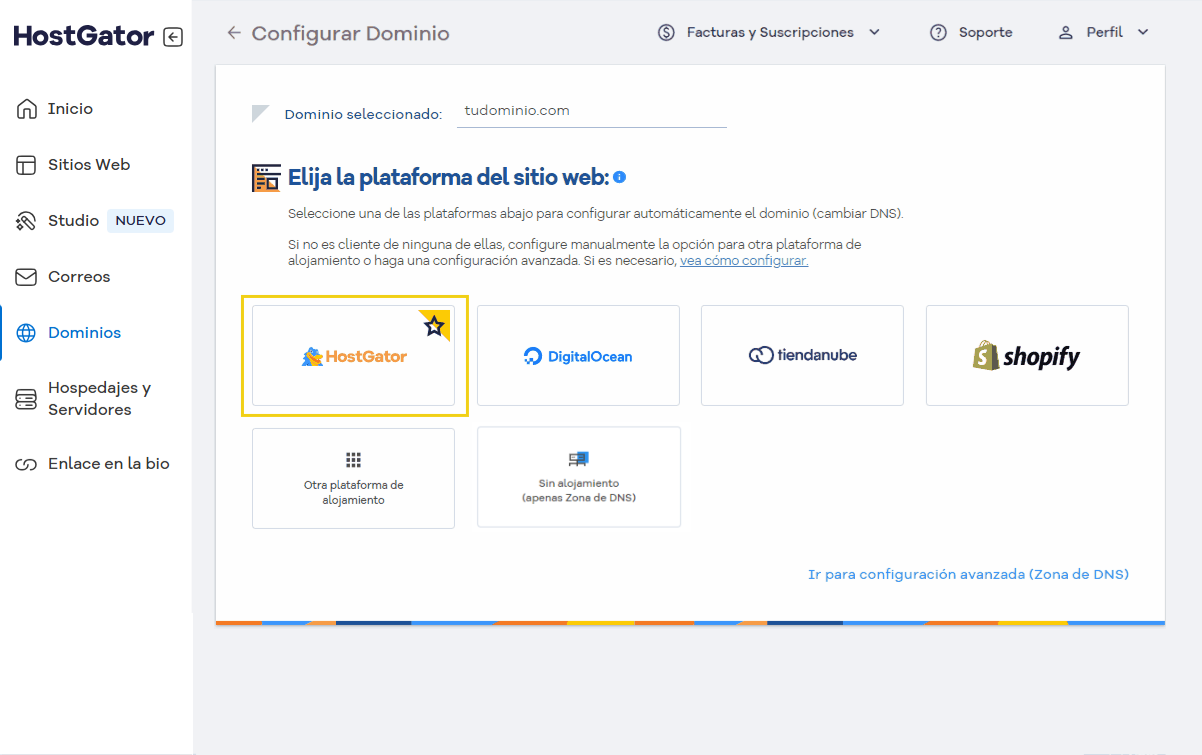imagen ilustrativa eligiendo la plataforma hostgator para configurar el dominio