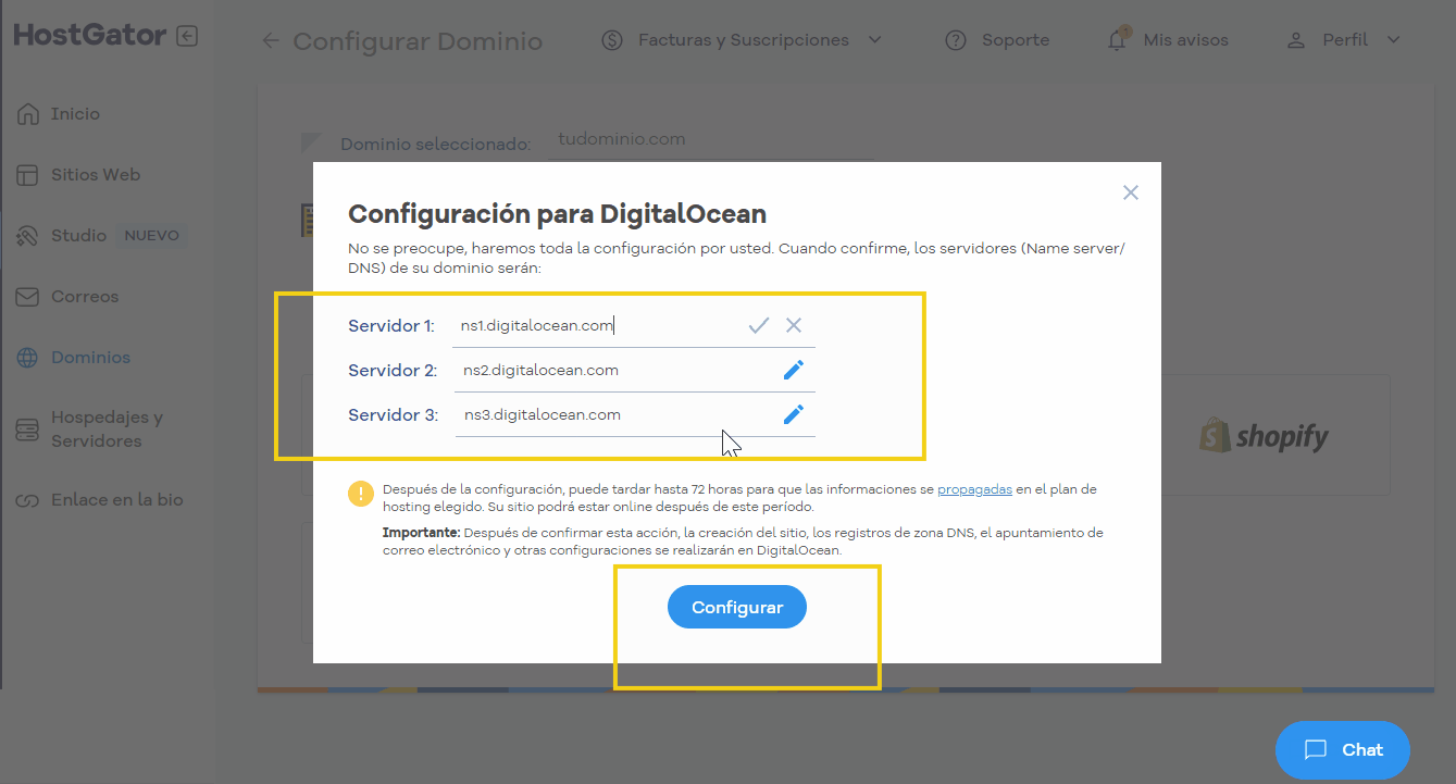 Imagem mostrando a configuração de servidores para um domínio na plataforma HostGator, com detalhes sobre servidores DNS e opções de configuração 