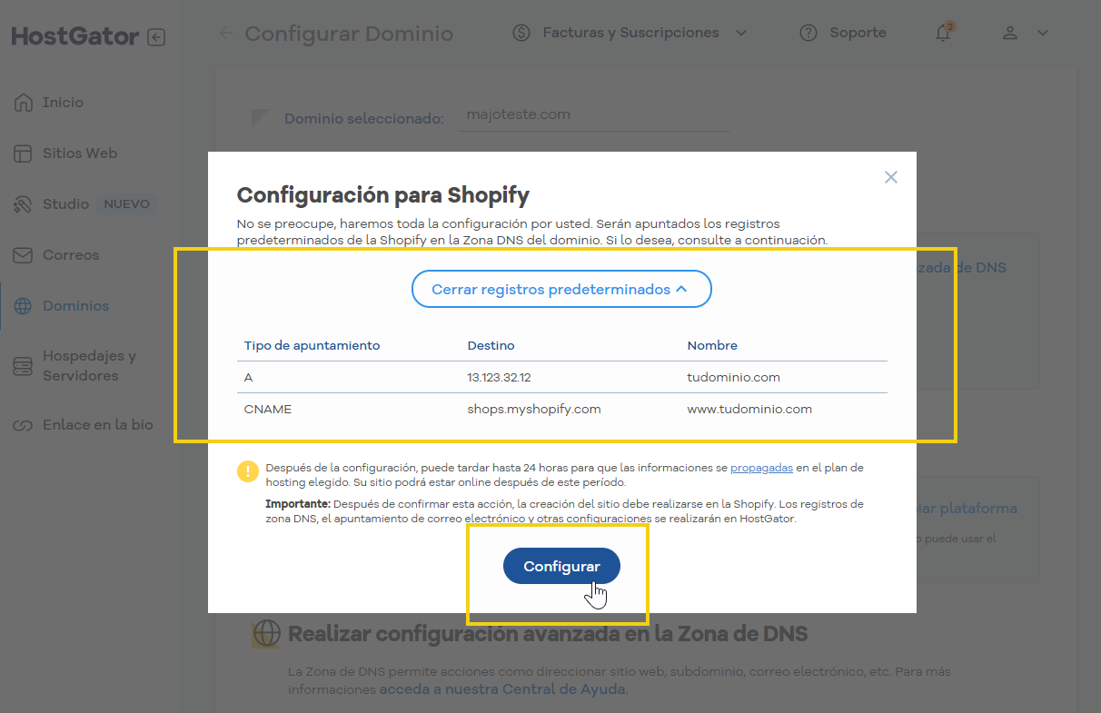 imagen ilustrativa con la configuración para shopify