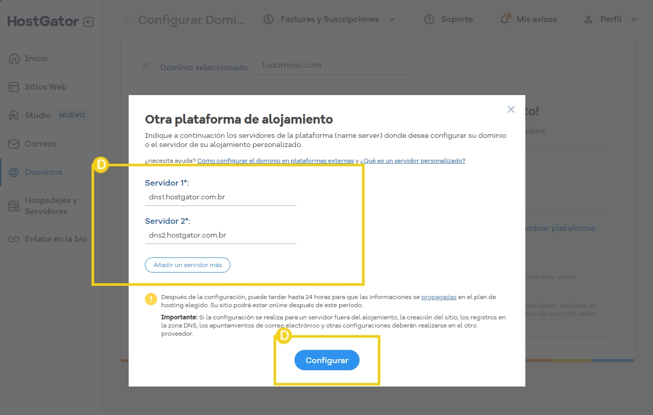 Imagem demonstrando configuração de servidores na plataforma HostGator para hospedagem de sites.
