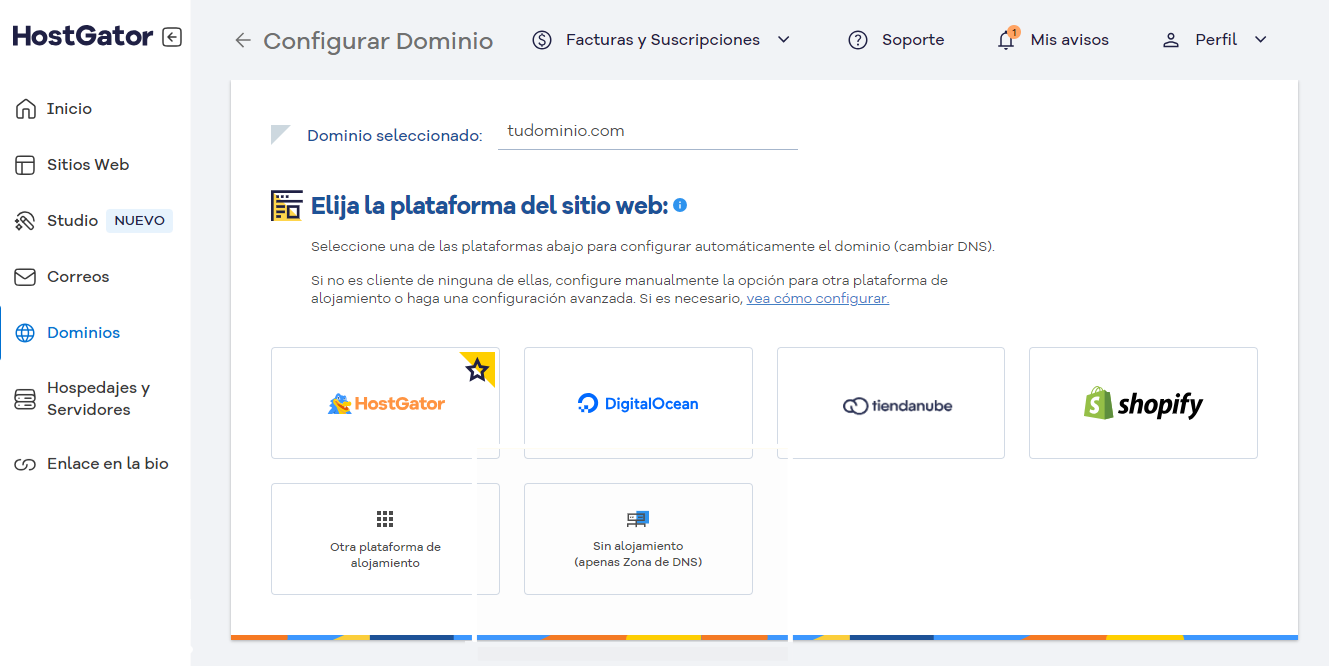 Imagem de uma tela de configuração de domínio no HostGator, com opções para selecionar o plano de servidor e um botão configurar em destaque