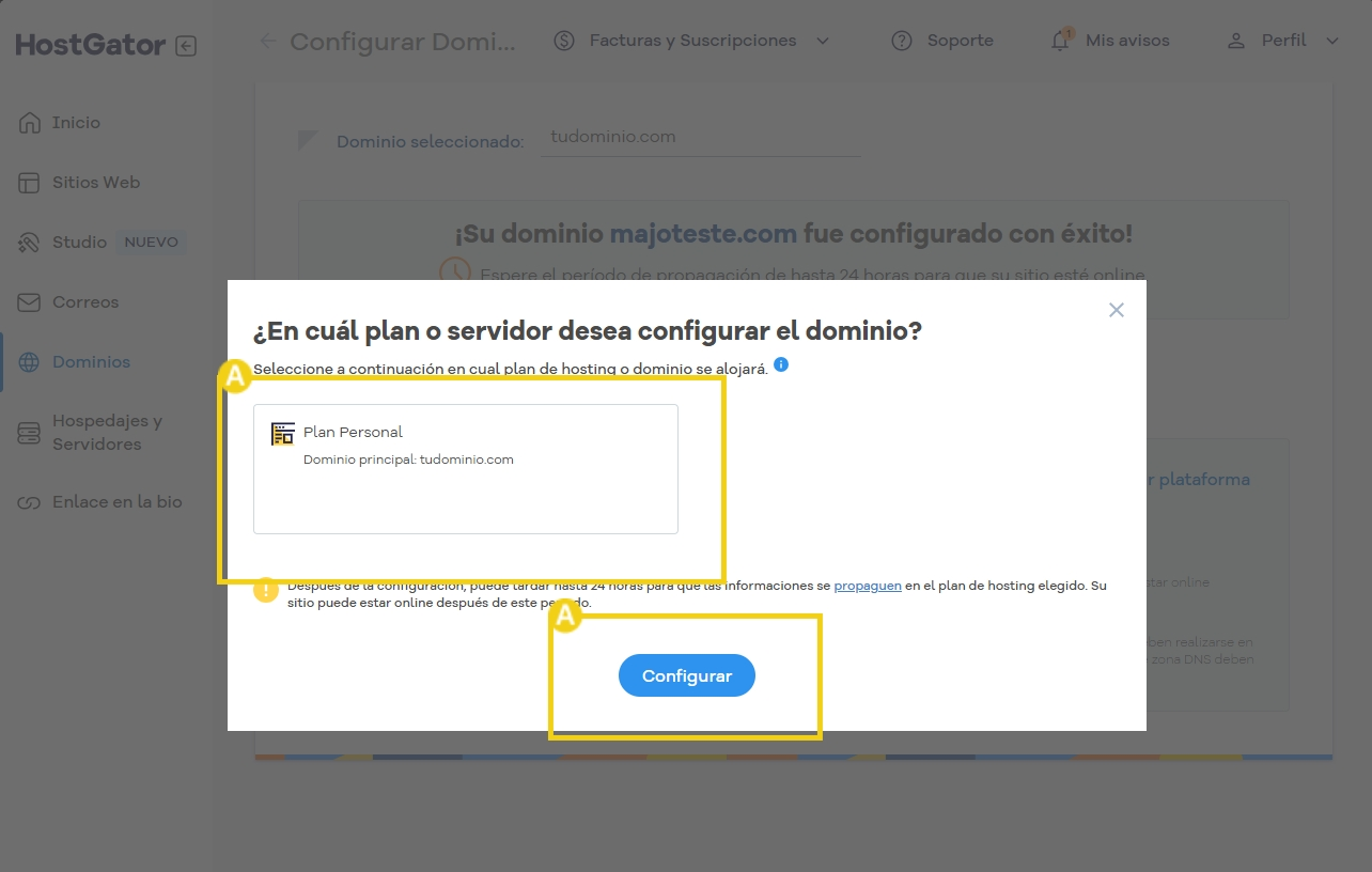 Imagem de uma tela de configuração de domínio no HostGator, com opções para selecionar o plano de servidor e um botão configurar em destaque.