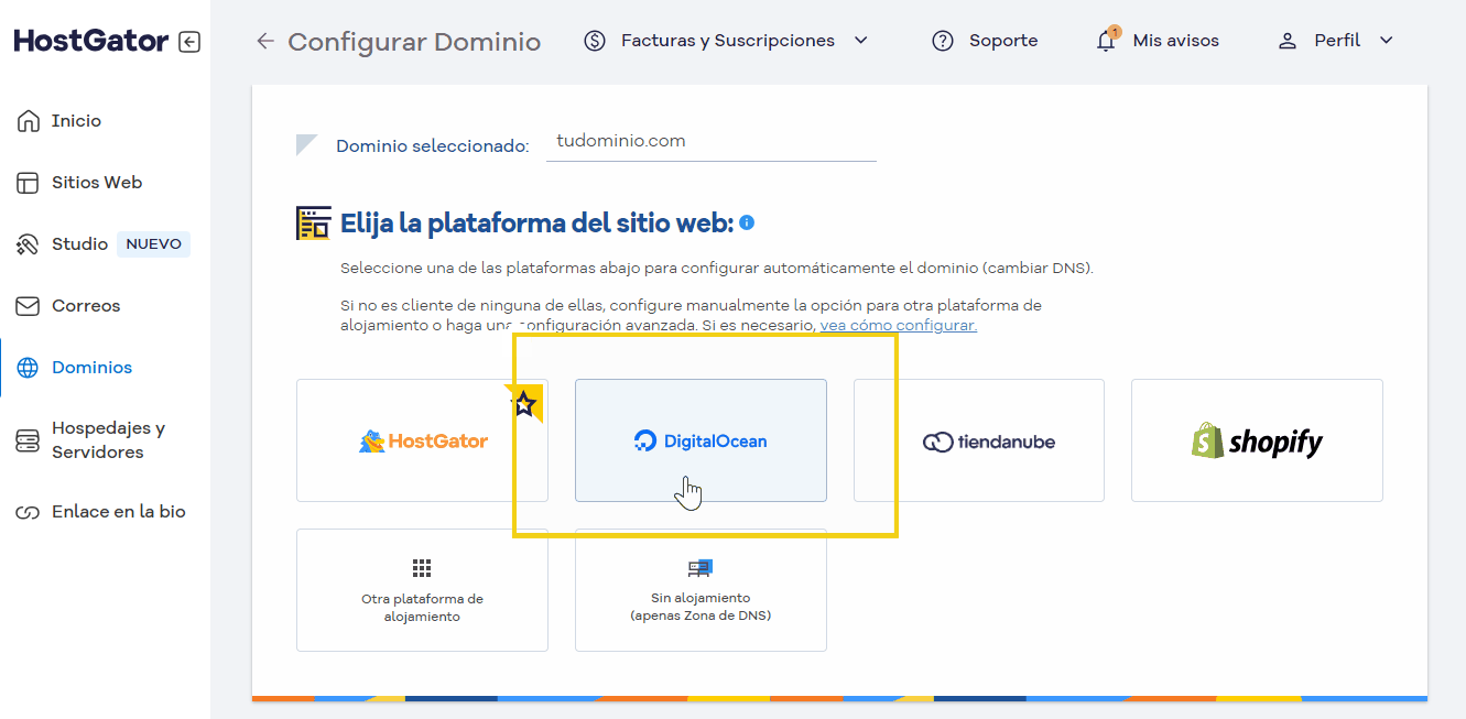 imagen ilustratativa eligiendo la opcion digitalocean para configurar el dominio