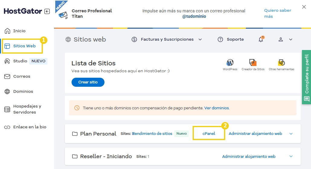 Texto alternativo El panel de control de HostGator muestra la sección de administración del sitio web y la opción de acceder al cPanel, con un enfoque en el alojamiento del sitio web