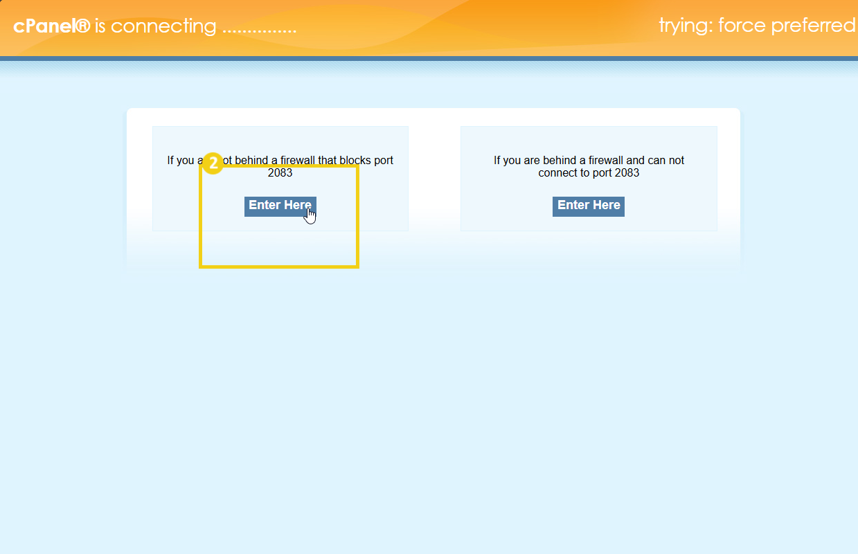 Pantalla de conexión de cPanel que muestra las opciones de acceso con los botones 'Entrar aquí' para diferentes configuraciones de firewall y conexión. 