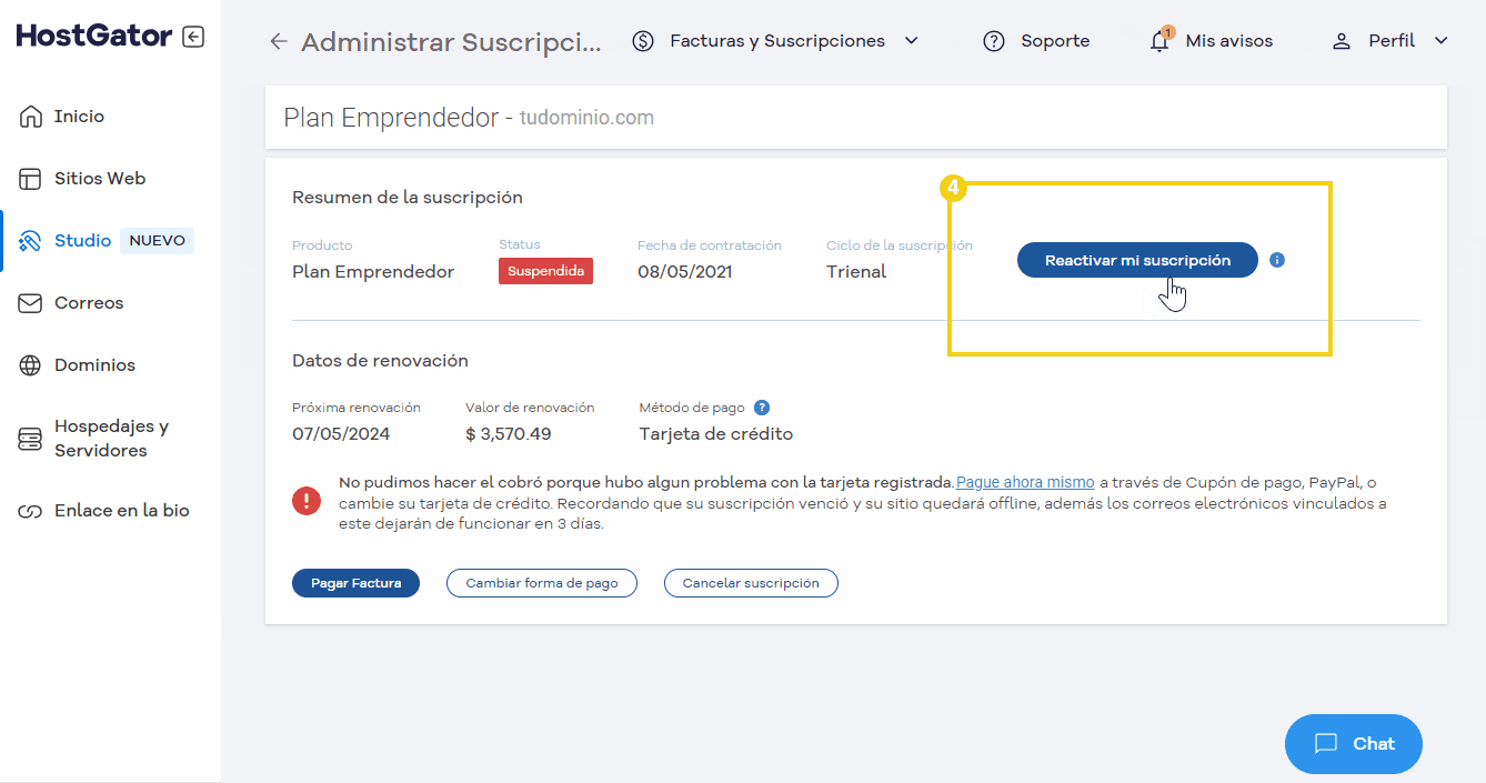 Captura de pantalla de la gestión de suscripciones en HostGator, mostrando la opción de renovar la suscripción del plan con el botón Reactivar mi suscripción