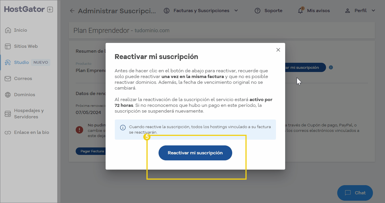 Imagen que muestra la reactivación de una suscripción en el panel de gestión de suscripciones, resaltada por el botón "Reactivar mi suscripción"