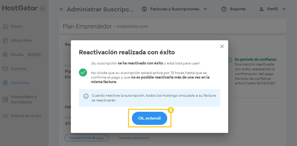 Imagen ilustrativa de la confirmación de reactivación realizada con éxito