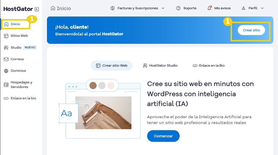 Pantalla del panel de control del portal HostGator que muestra opciones para crear un sitio web impulsado por IA utilizando WordPress