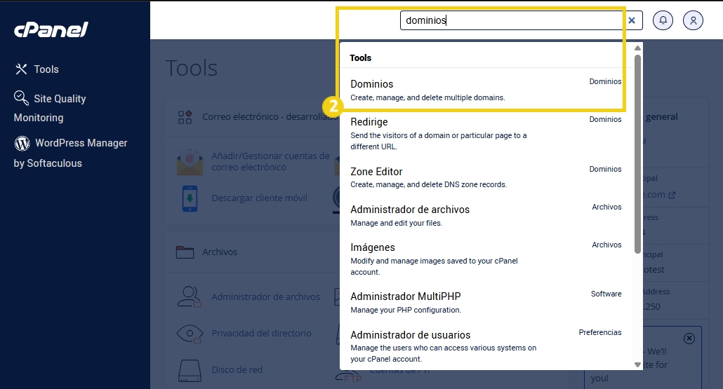 Imagen que muestra la búsqueda de las palabras clave dominios en cPanel, una herramienta de gestión de alojamiento de sitios web, que facilita la gestión de dominios.