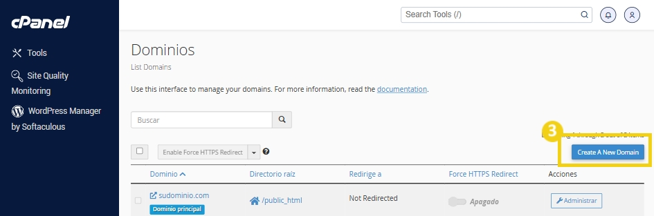 Pantalla del panel de control de cPanel que muestra las opciones de administración de dominios, incluida la creación de nuevos dominios