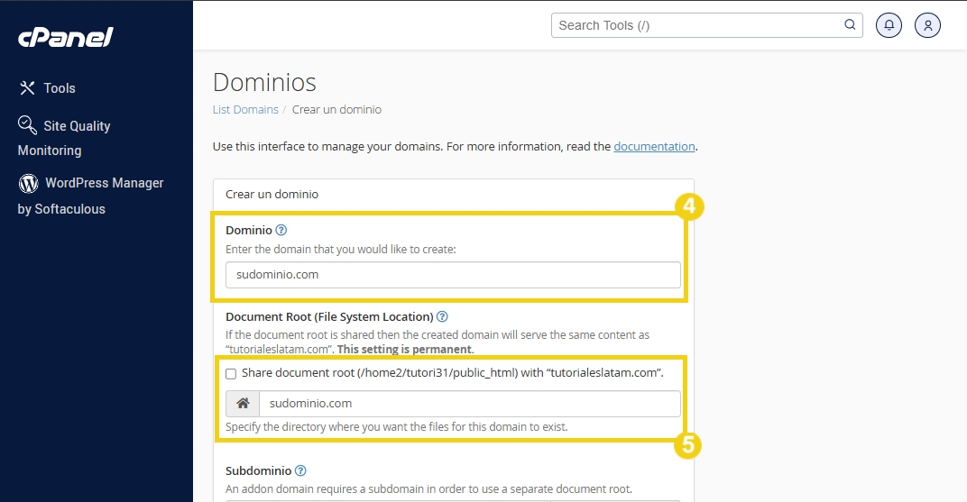 Imagen de la interfaz de configuración de dominio en cPanel, que muestra los campos para crear un dominio, la configuración de la raíz del documento y las opciones para compartir carpetas. Ideal para aquellos que trabajan con la gestión de sitios web y el alojamiento de dominios.
