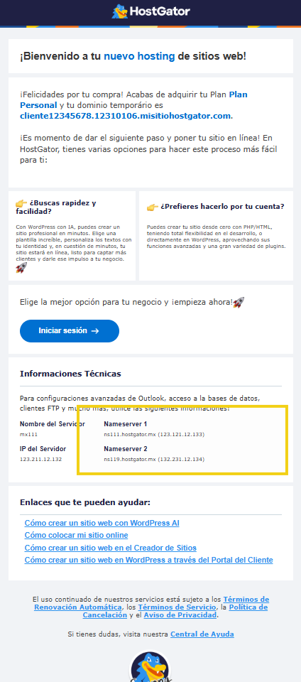 Imagen ilustrativa mostrando el Correo electrónico de bienvenida con los datos dns