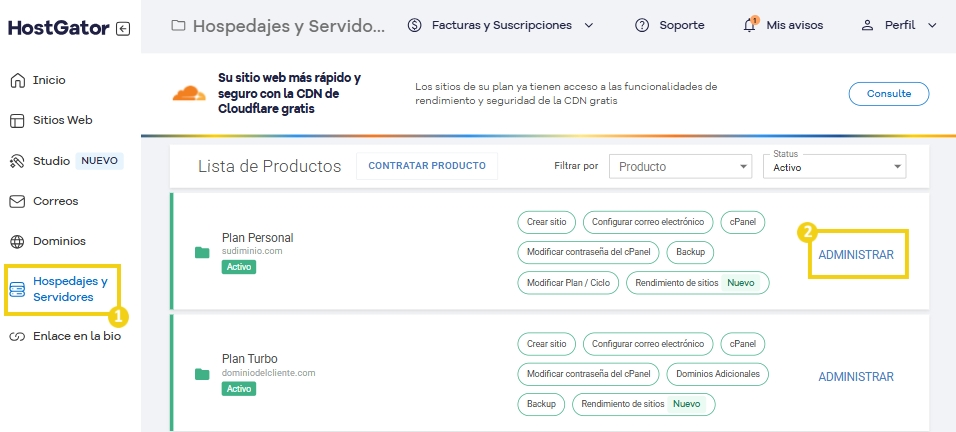 Imagen de la plataforma HostGator mostrando el menú de hosting y gestión de dominios, resaltado en la sección &quot;Hostings y Servidores