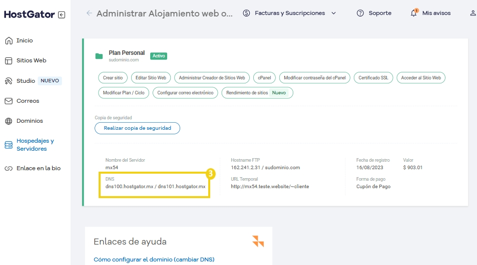 Configuración de alojamiento y DNS en el panel de control de HostGator que muestra los planes, el servidor y los detalles de DNS