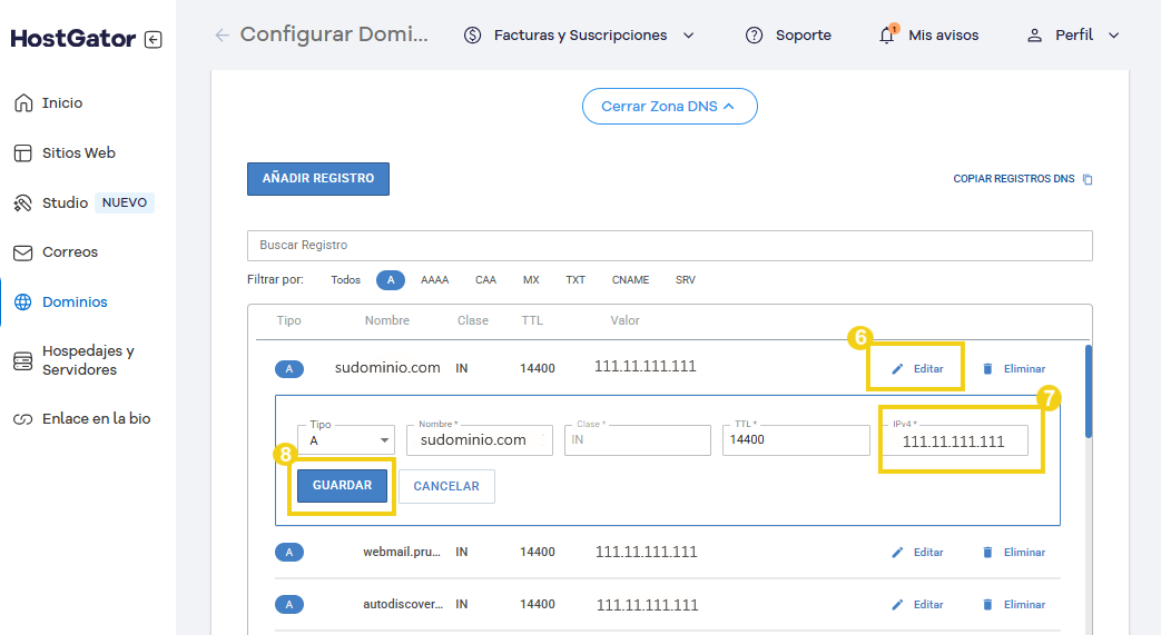 Imagen ilustrativa de la configuración avanzada en la zona DNS utilizando la plataforma HostGator, que muestra los registros DNS, la edición de IP y la protección de datos con información ficticia.