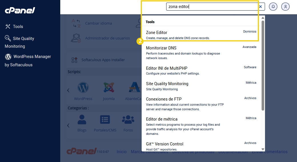 Imagen ilustrativa de la interfaz del cPanel que muestra cómo acceder al Editor de Zona DNS para la gestión de dominios en la plataforma de alojamiento online