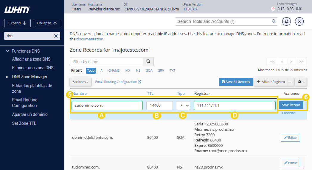 Imagen que muestra la gestión de la zona DNS en el panel de control de WHM, destacando la configuración y el almacenamiento de las reglas DNS 