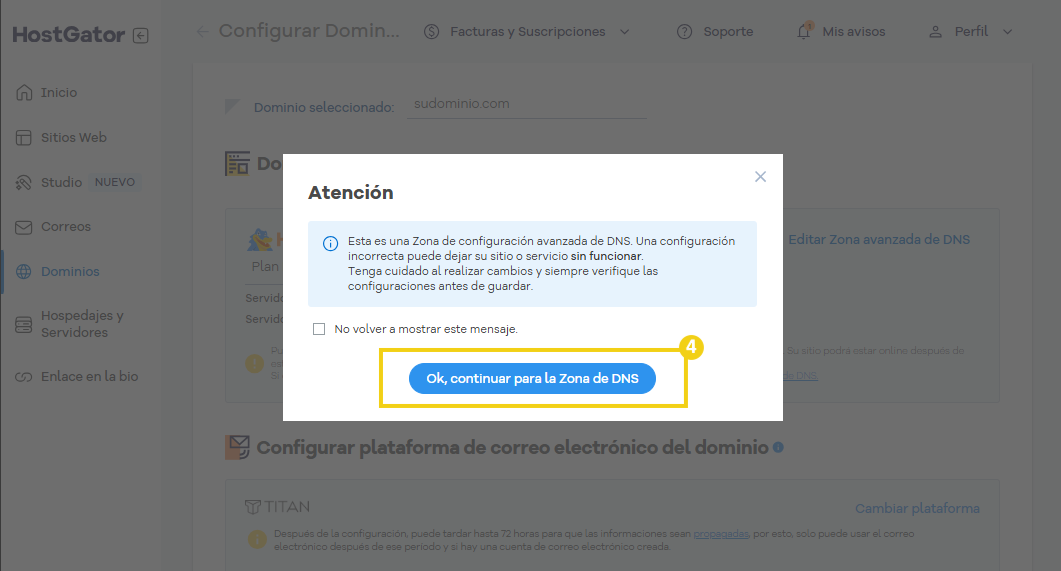 Imagen que muestra la configuración de una zona DNS avanzada en el panel de control de HostGator, con instrucciones paso a paso para continuar con la configuración DNS del dominio.