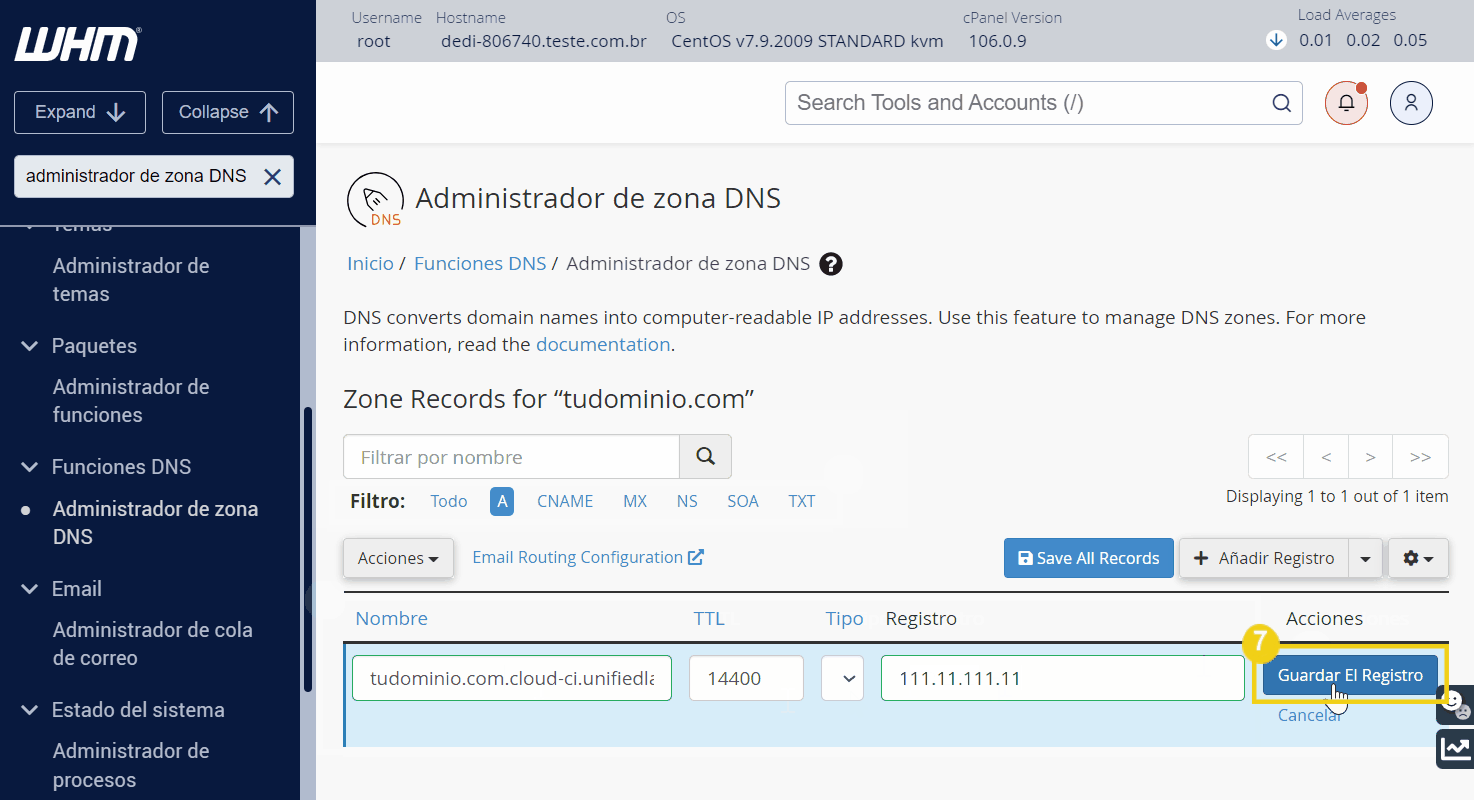 Pantalla de la interfaz del panel de administración de DNS de WHM, que muestra la sección de registros de zona DNS para un dominio incluidas las opciones para agregar y guardar registros