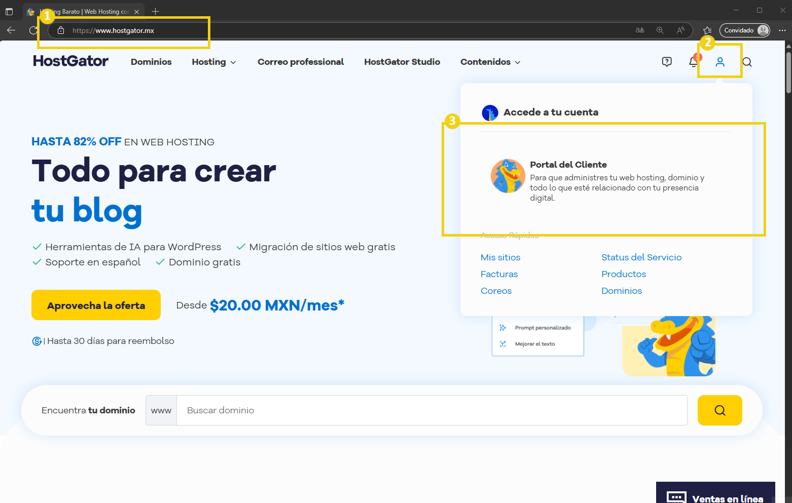 Imagen de la página de inicio de HostGator con un enfoque en el producto de creación de páginas de destino, destacando el botón de inicio de sesión y las opciones de atención al cliente, ideal para aquellos que buscan servicios de alojamiento y dominio.
