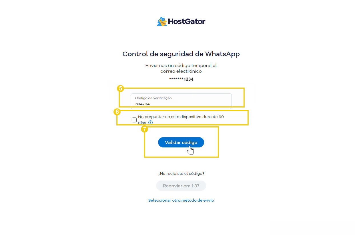 Imagen de la pantalla de verificación de seguridad del correo electrónico de HostGator, que muestra el campo de código, el botón de validación y las opciones de reenvío.