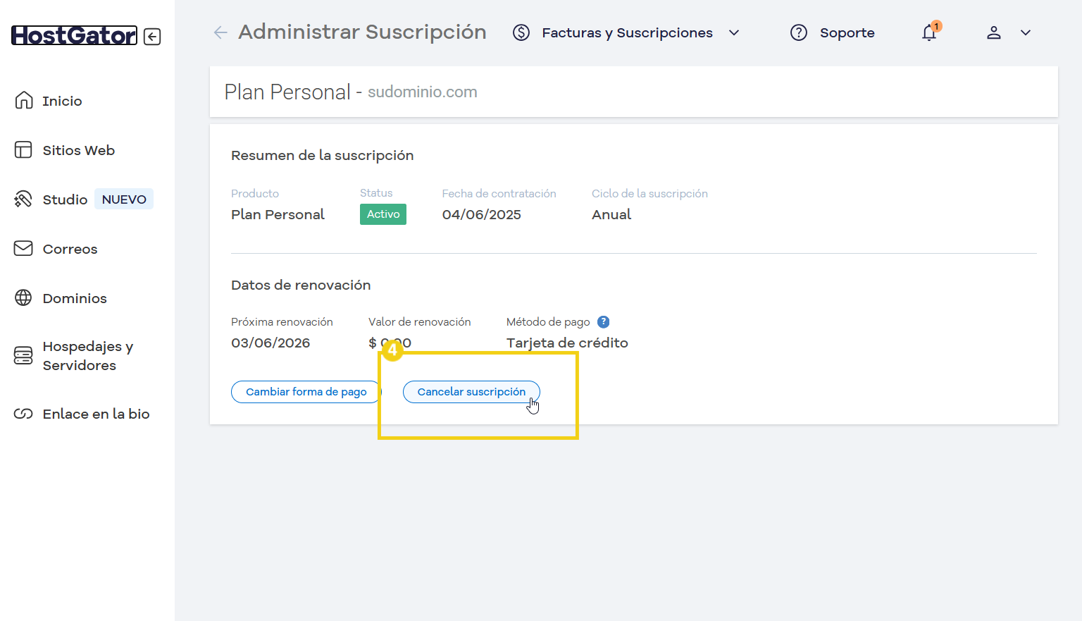 Imagen de la interfaz de administración de suscripciones en el panel de control de HostGator que muestra las opciones para renovar, cambiar el pago y cancelar la suscripción al plan
