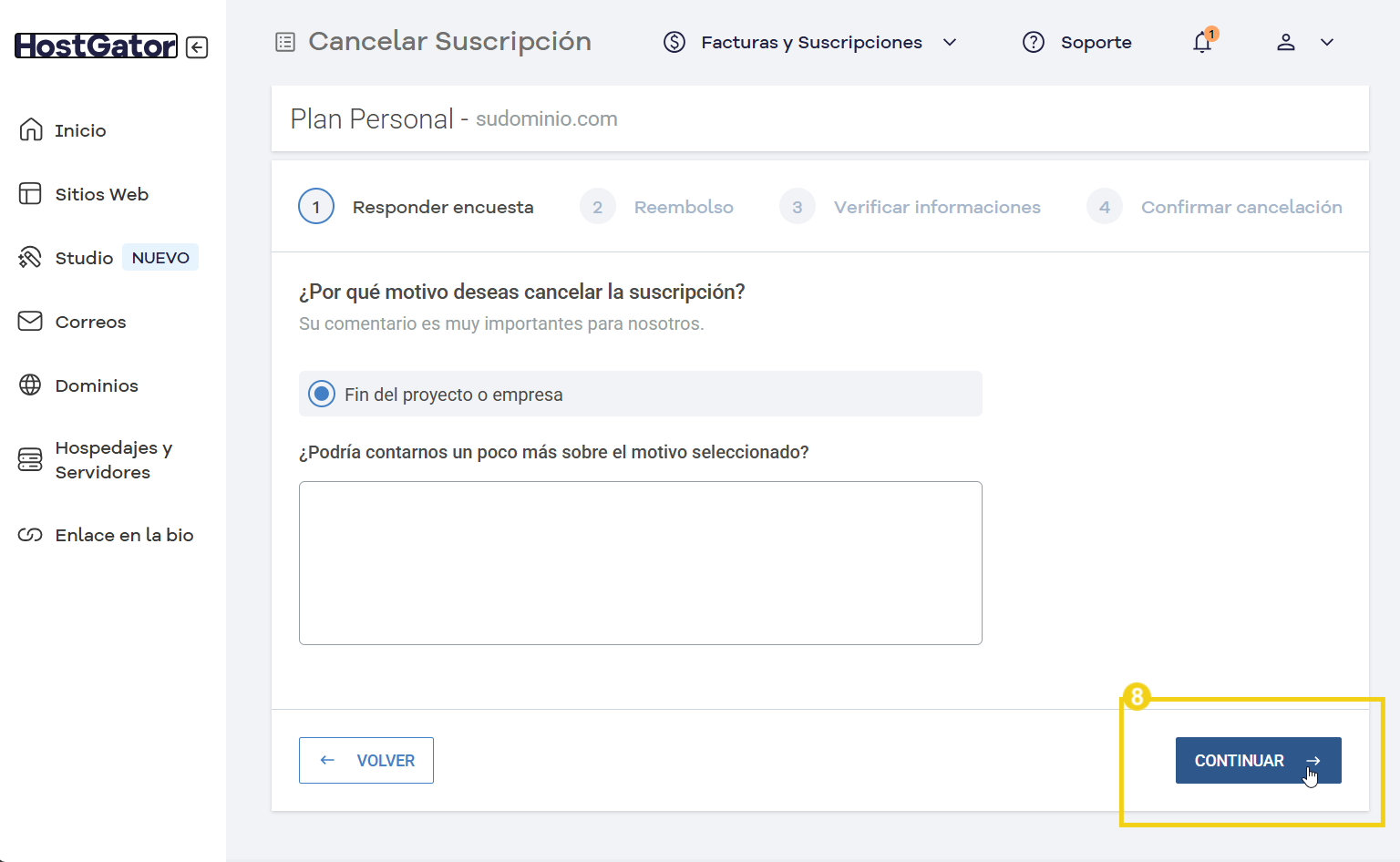 Pantalla de cancelación de suscripción en el sitio web de HostGator, resaltando el botón continuar