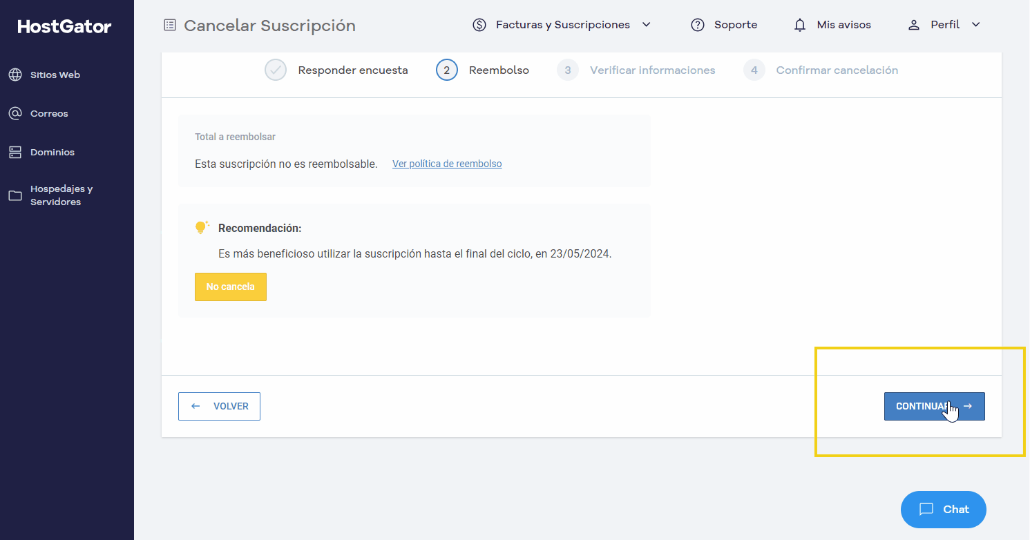 Imagen de una pantalla de confirmación de suscripción en el panel de control de HostGator, destacando las opciones de reembolso y la continuidad del pago, con un enfoque en la gestión de planes de alojamiento.