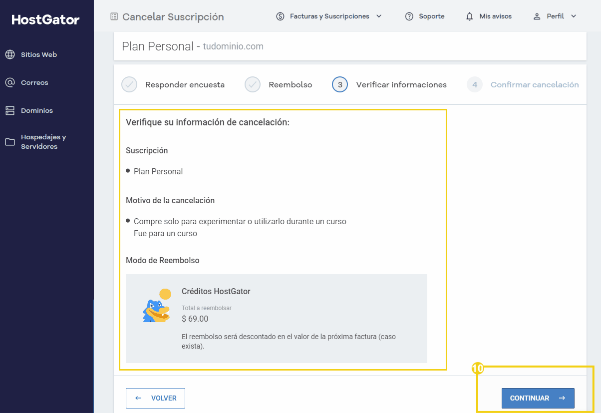 Pantalla de cancelación de suscripción en HostGator, que muestra los detalles del plan P y la información de reembolso con créditos de HostGator.