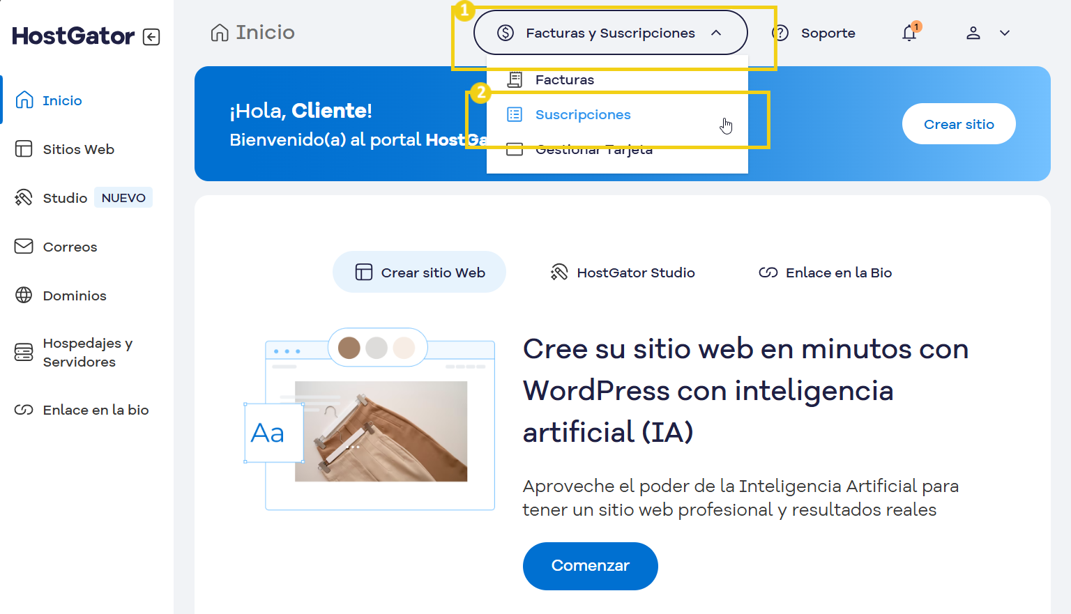 Captura de pantalla del panel de control de HostGator que muestra la opción de facturación y suscripción, destacando la opción de crear sitios web con WordPress e inteligencia artificial