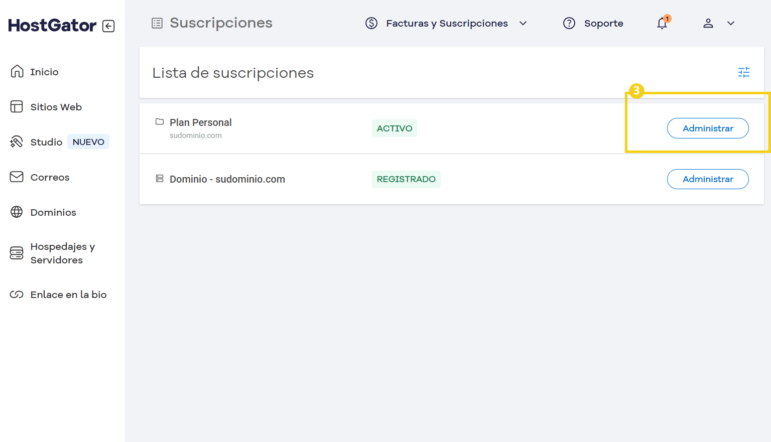Imagen de la plataforma HostGator mostrando la lista de suscripciones con énfasis en la opción de administrar el dominio y el plan activo.
