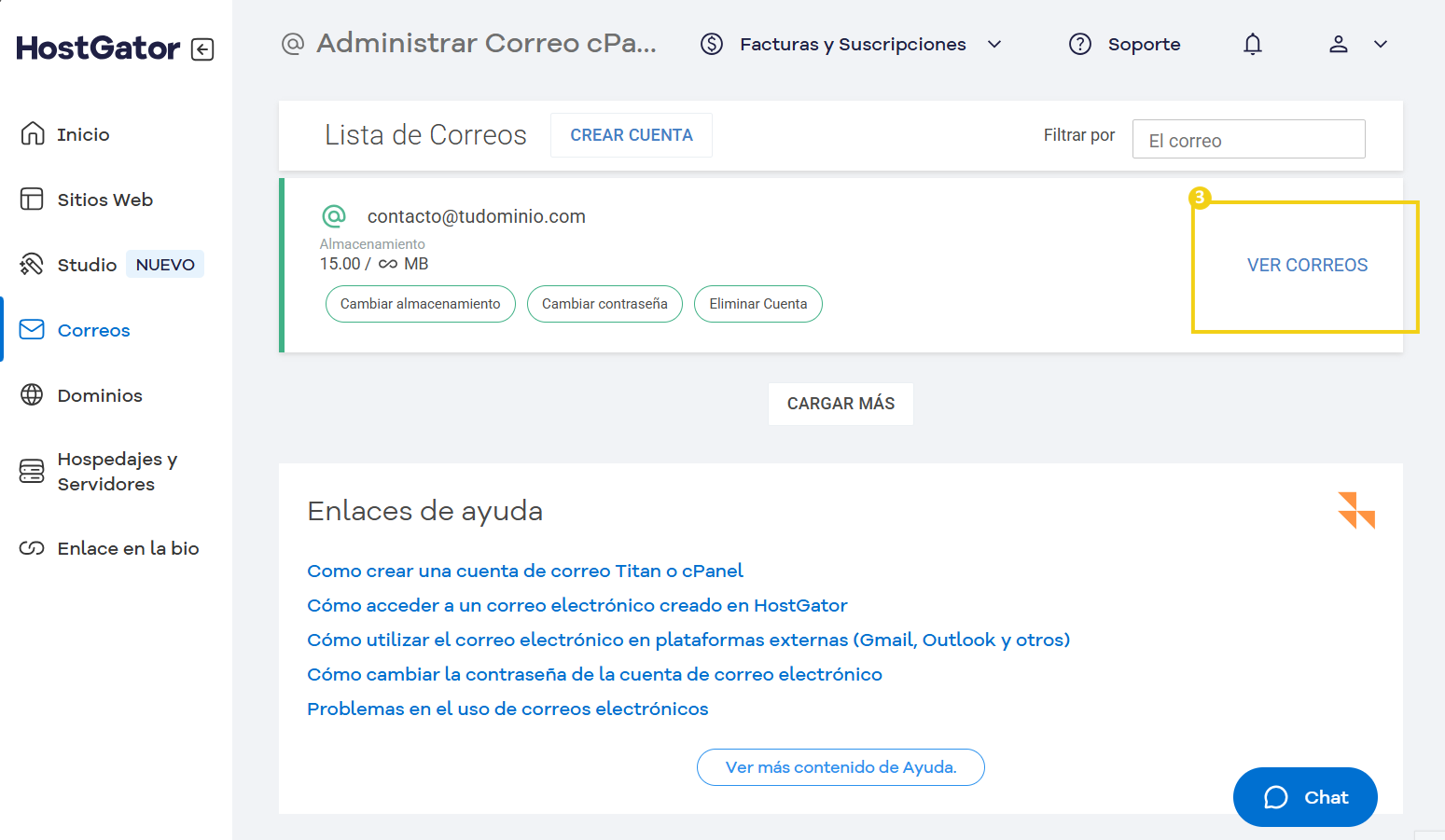 Imagen de la plataforma de gestión de correo electrónico de HostGator, que muestra las opciones de gestión de listas de correo electrónico, como la creación y verificación de correos electrónicos. 