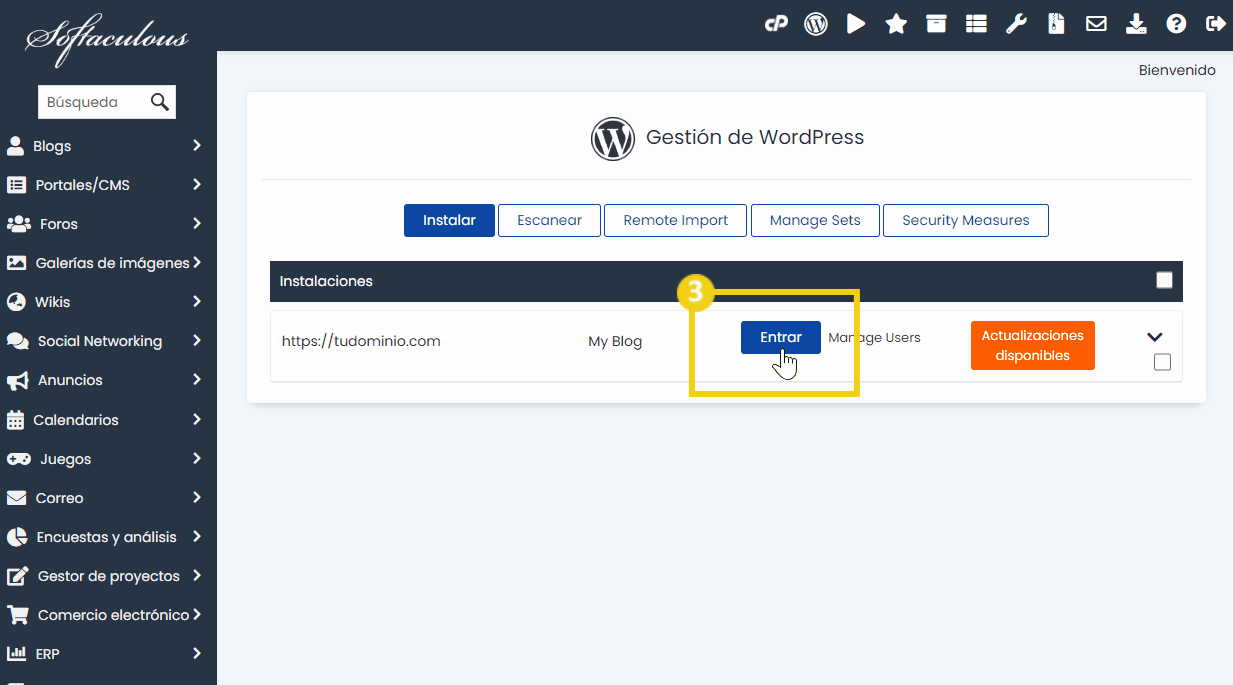 Pantalla de administración de WordPress con opciones de inicio de sesión, instalación, escaneo y administración de configuración, destacando el botón de inicio de sesión en el tablero.