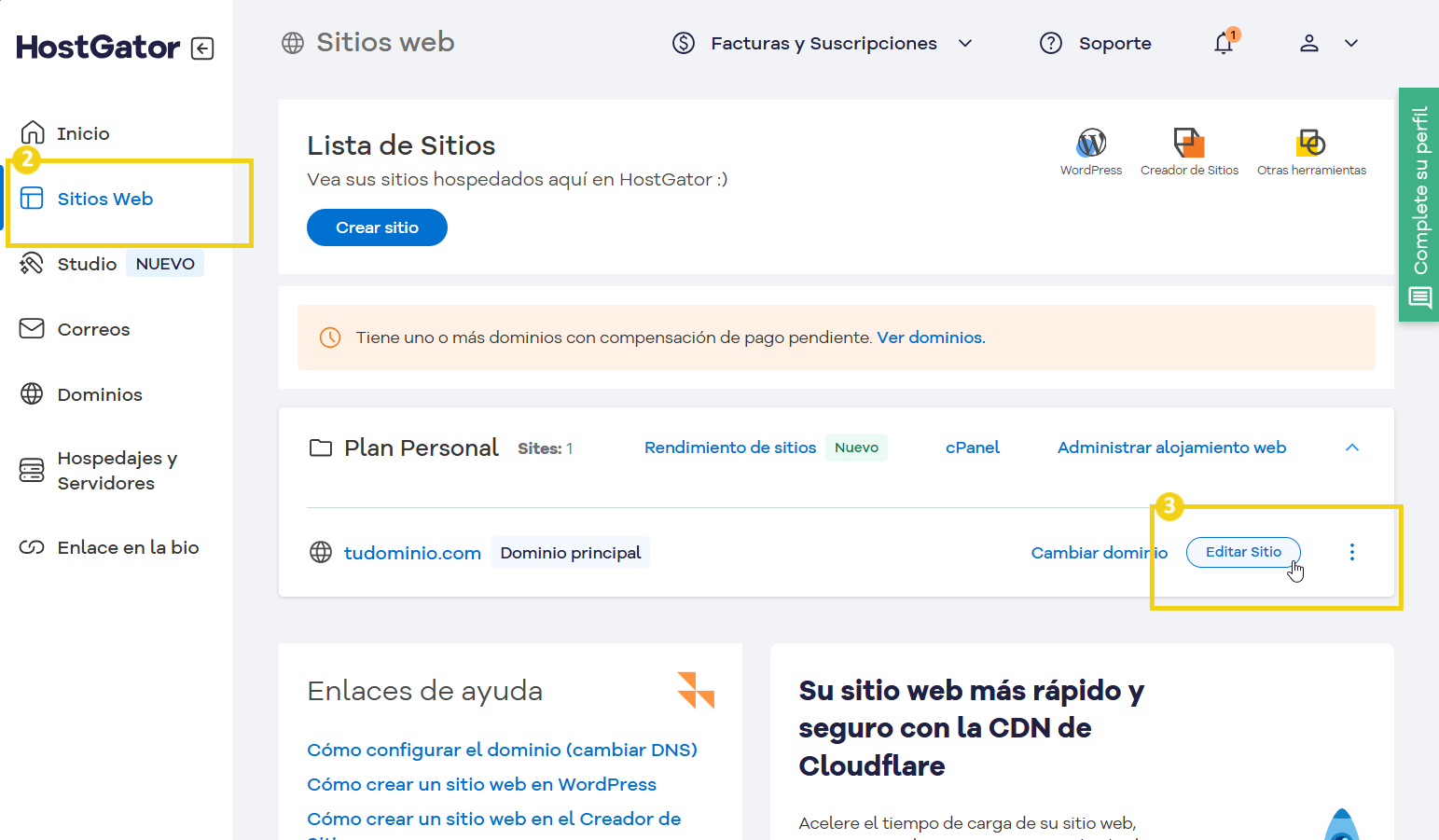 Captura de tela do painel de controle do HostGator com foco na seção de Sites, mostrando opções para editar o site e gerenciar hospedagem