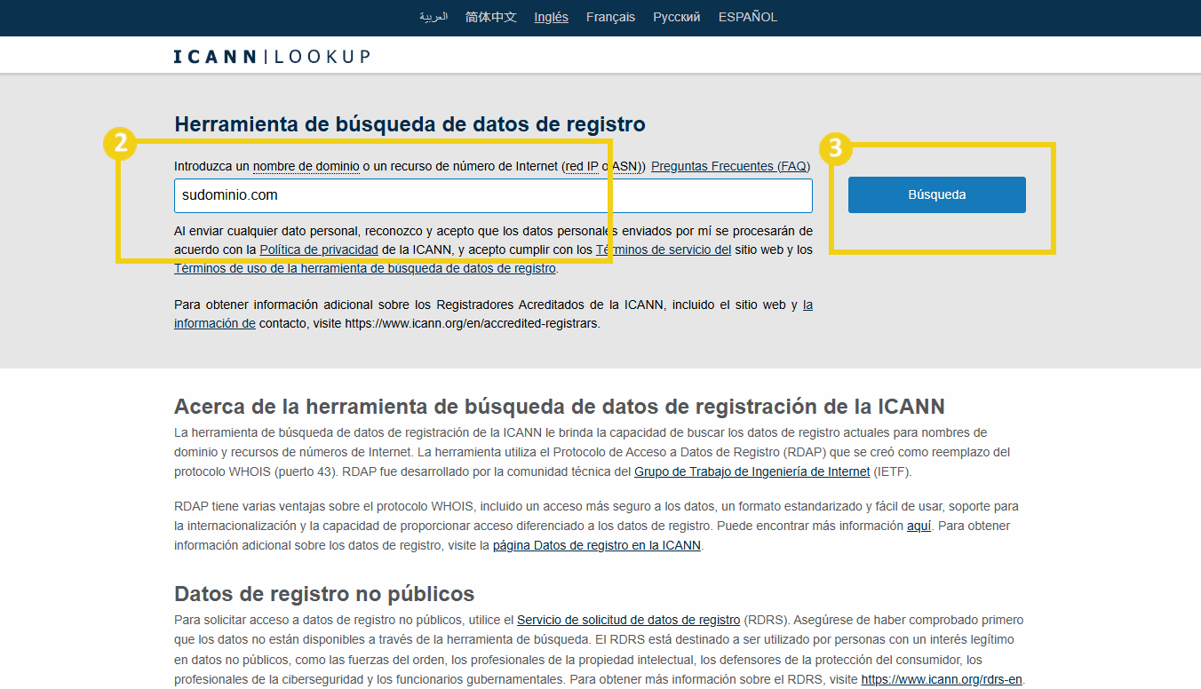Herramienta de búsqueda de datos de registración de la ICANN en portugués, destacando el campo de dominio y los botones de búsqueda